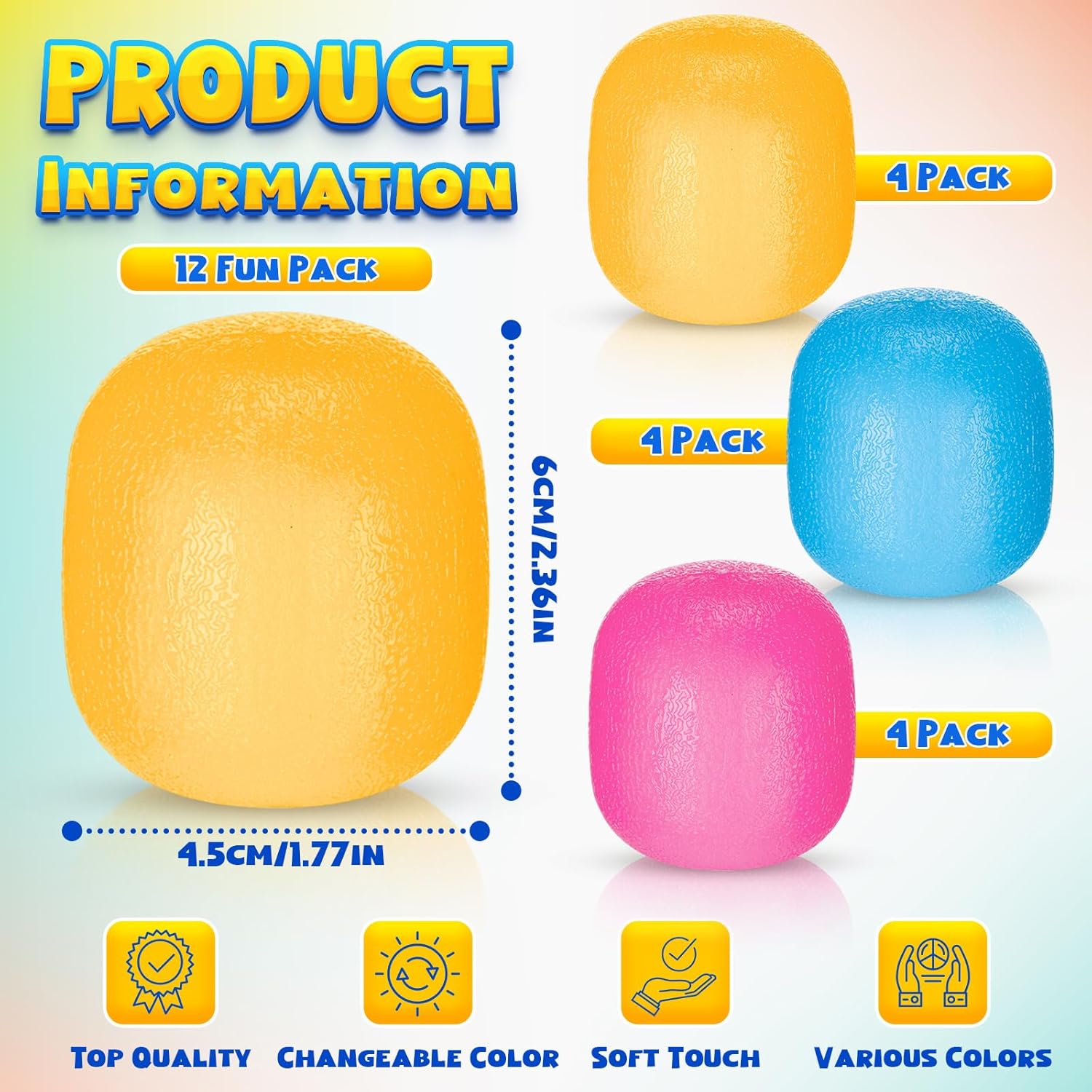 12 Pcs 1.57"Adults Squeeze Gumdrop Shape Fidget Stress Ball Bulk, Soft Slow Rise Malt Sugar Ball, Changes Color in The Sun Sensory Anxiety Relief Gift for Office Home Easter Basket Stuffer