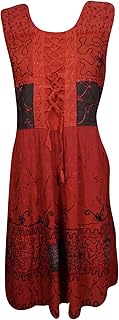 Mogul Interior Womens Summer Dress Embroidered Stonewashed Red Sleeveless Boho Gypsy Dress M