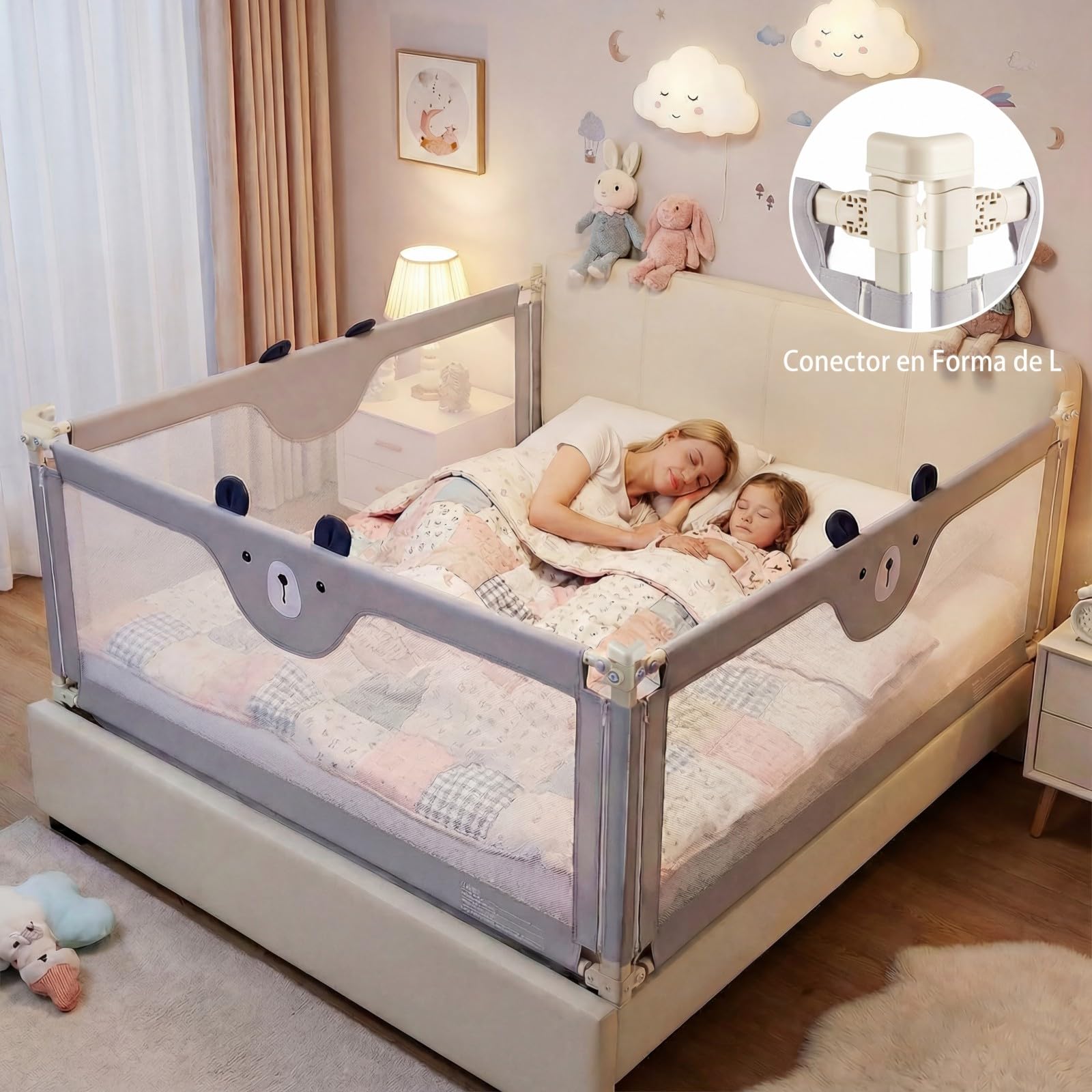 COSTWAY 180 cm Barrera Seguridad Niños, Barrera Cama para Bebé con Cremallera, Altura Regulable 72,5-101,5 cm, Protector de Cama para Niños, Barandilla de Seguridad con Diseño Animado (Estilo 2)