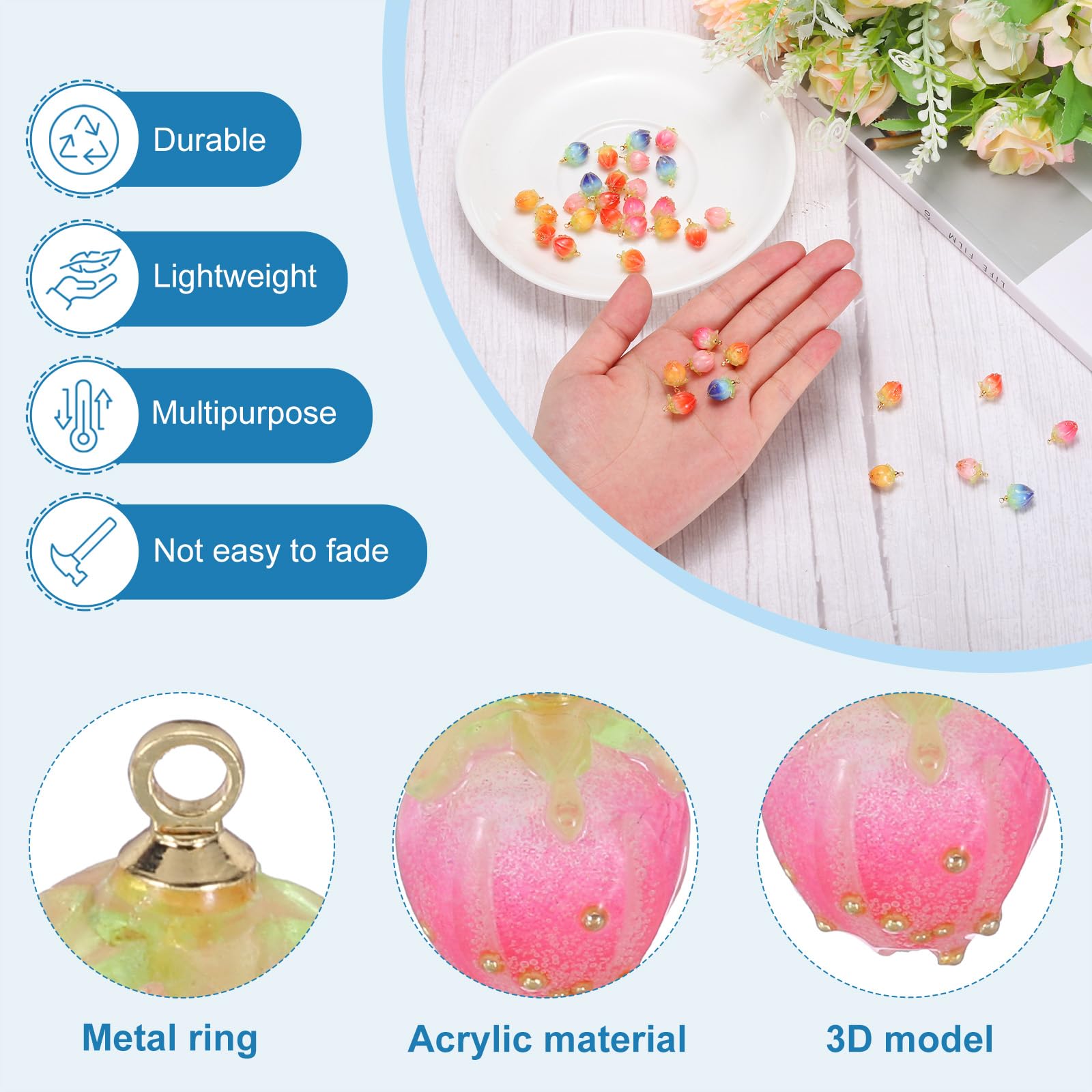 PATIKIL 0.6x0.4 Flower Beads, 6Pcs Acrylic Flower Buds Beads Mini Rose Charm for Bracelets Earrings, Necklaces - Image 3