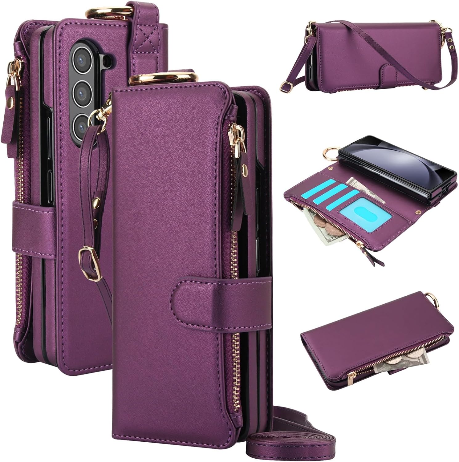 for Samsung Galaxy Z Fold 7 Wallet Case with 3 Credit Card Slots and Cash Slot Zipper Pocket,Wristband and Ring, RFID Blocking Multi Card Function Magnetic Clasp Kickstand.(DeepPurple)
