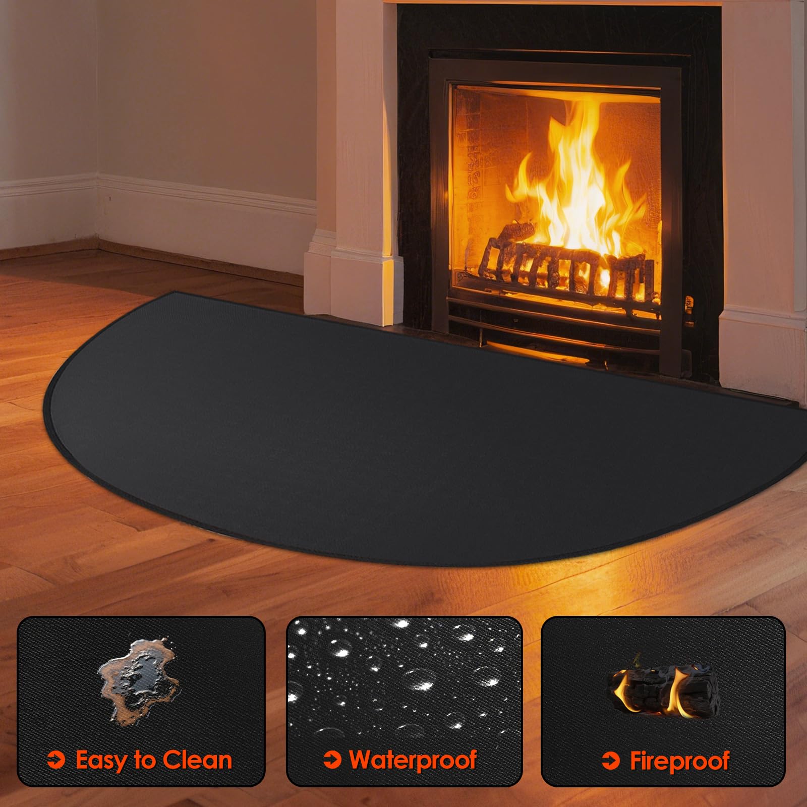 Piastra parascintille per camino, 150 x 80 x 0,1 cm, nero, semicerchio | Tappetino ignifugo per stufa, nucleo in fibra di vetro, base ignifuga, protezione per pavimento e tappeto, facile da pulire