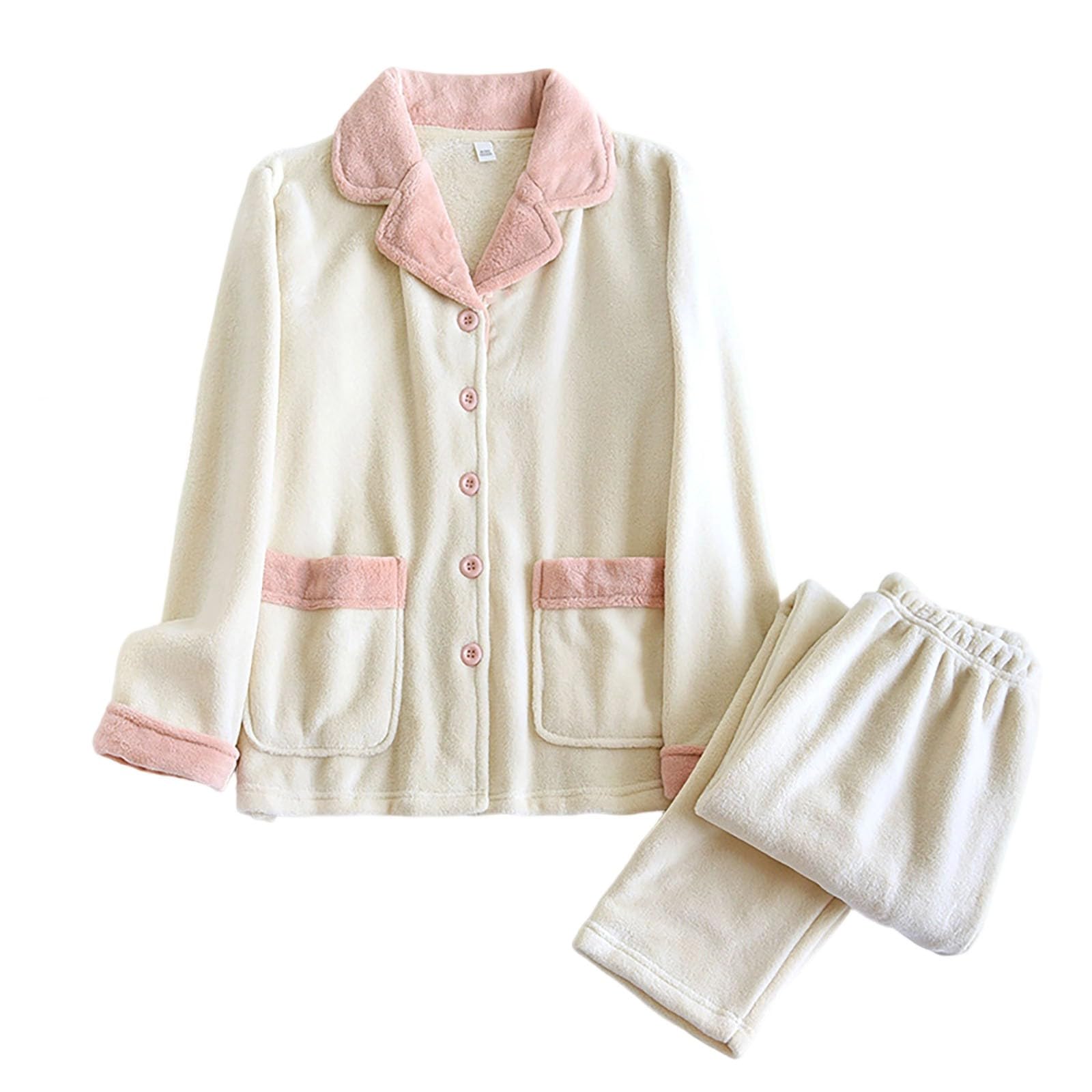 Generisch Pijama de franela para mujer, térmico, para invierno, forro polar, manga larga, cálido, ropa de dormir de invierno, forro polar, con tira de botones