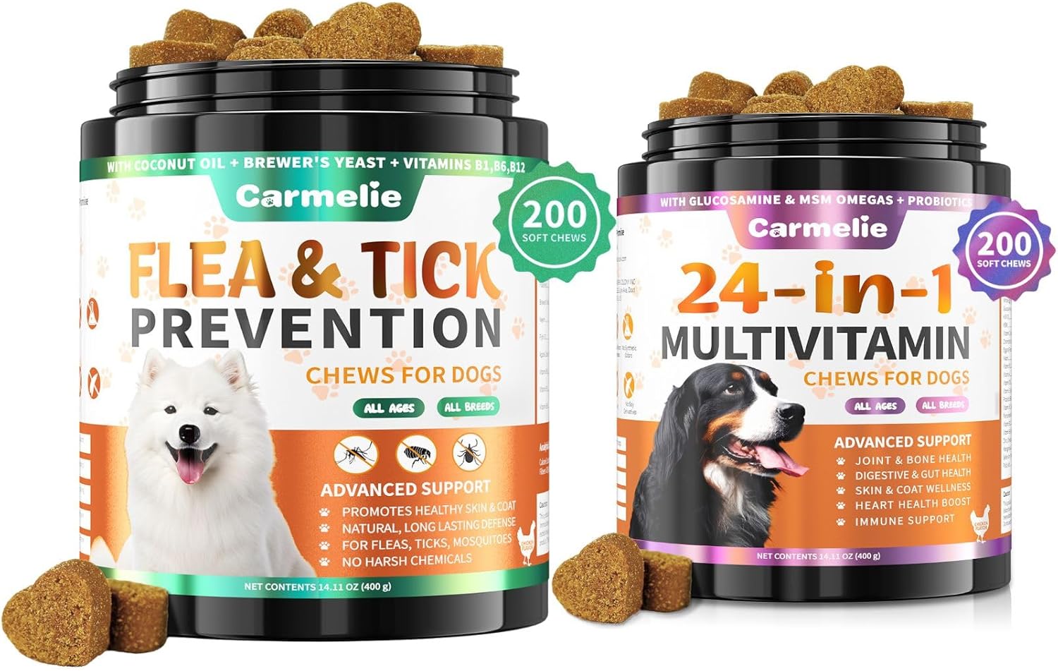 Flea and Tick Prevention for Dogs Chewables + Carmelie 24 in 1 Dog Multivitamin Chewable - 400 Treats - Natural Flea Treatment + Hip & Joint, Skin & Coat, Immune Health (Chicken Flavor)