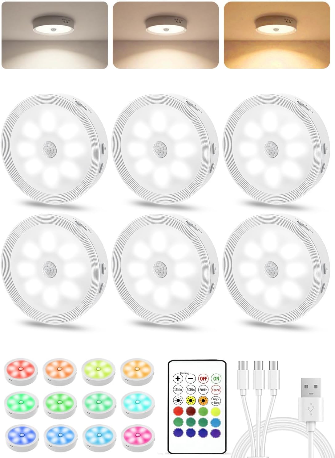 Under Cabinet Lighting, LED Puck Lights with Remote, Rechargeable Motion Sensor Lights Indoor, Dimmable Stick On Lights 3 Color Temps & 12 RGB Under Counter Lights for Kitchen, Closet White 6 Pack