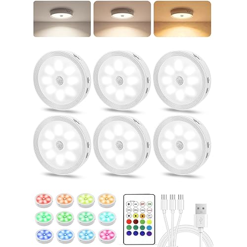 Under Cabinet Lighting, LED Puck Lights with Remote, Rechargeable Motion Sensor Lights Indoor, Dimmable Stick On Lights 3 Color Temps & 12 RGB Under Counter Lights for Kitchen, Closet White 6 Pack