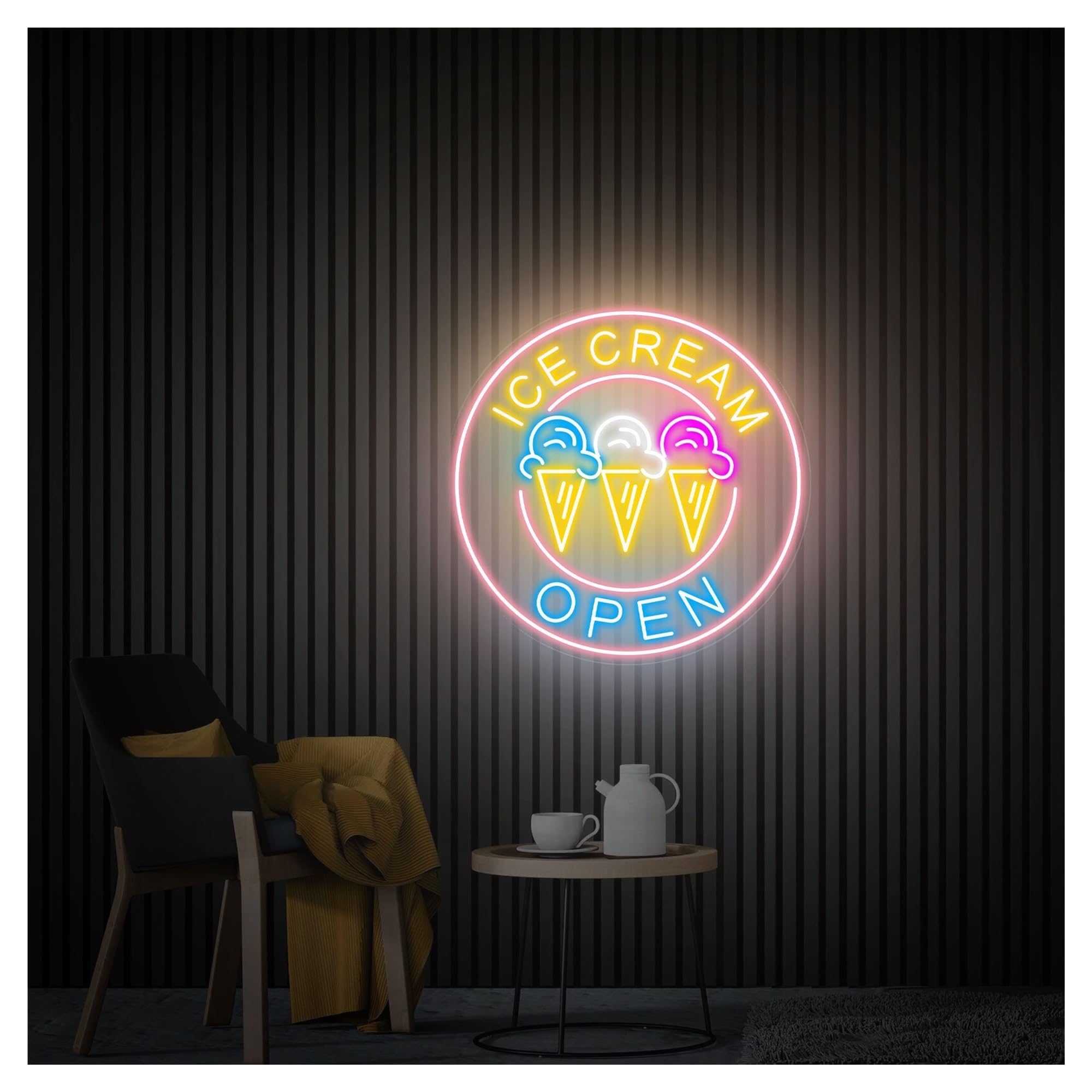 RONGCH Hanging Art Signs Ice Cream Open Neon Sign,Suitable for Cafe Dessert Shop Decor with Dimmable 50cmx50cm(C)