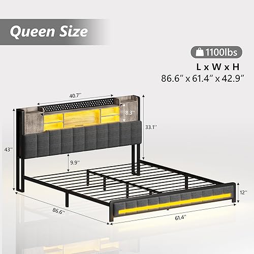 Miniatura 2 de CSZZD Base de cama Queen con cabecera de estantería de almacenamiento y luces LED, marco de cama tapizado tamaño Queen con estación de carga USB,