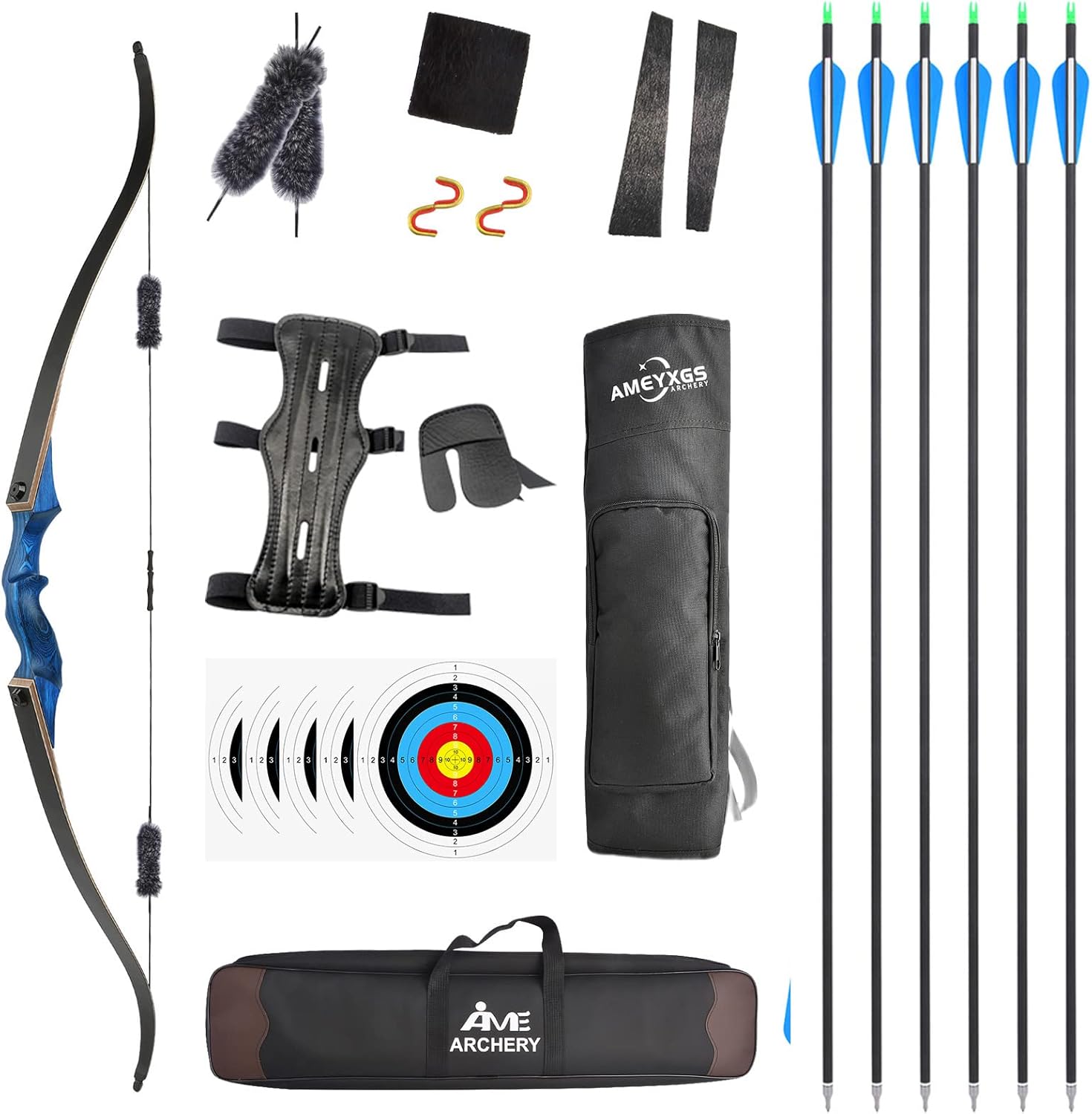 Takedown Recurve Bow Kit - Archery Bows for Adults & Youth Right-Handed Kits, 20~60lbs 57“ Wooden Take Down Long Bow Package for Outdoor Hunting Training Blue Sets