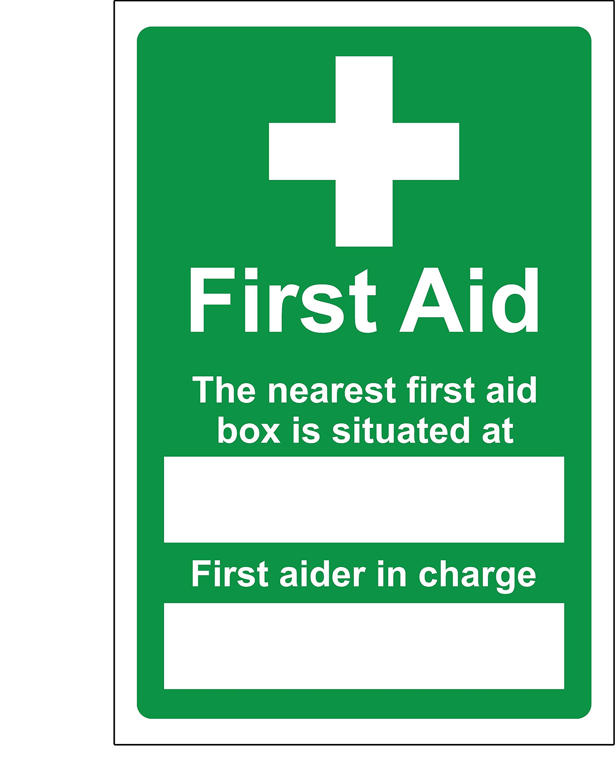 Kpcm Display Ltd First Aid The Nearest First Aid Box Is Situated At - First Aider In Charge Safety Sign - Self Adhesive Sticker 400Mm X 300Mm