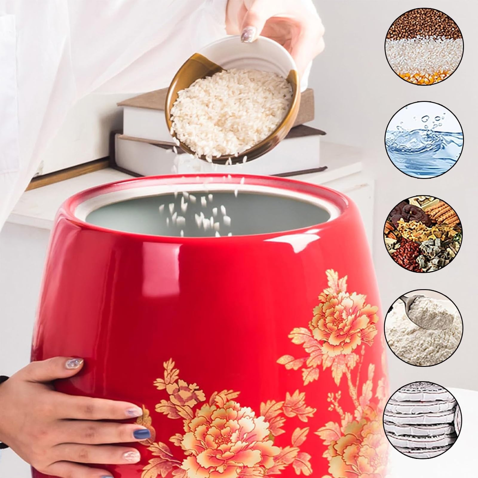 Duże czerwone ceramiczne wiadro na ryż z pokrywką - zamknięty słoik do przechowywania żywności na ziarna, orzechy i fasolę, pojemnik kuchenny na 5 kg, 10 kg, 15 kg, 25 kg