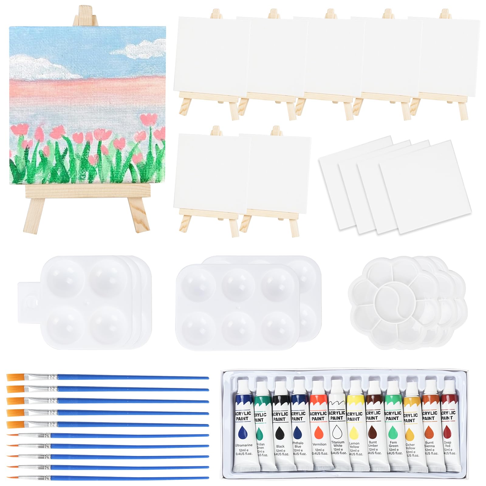 DONQL 50 Stück Mini-Leinwand und Staffelei, verstellbare Holzstaffelei für die Malerei, mit 10,2 x 10,2 cm Leinwand, Pinsel, Malpalette und Acrylfarben für Ölgemälde
