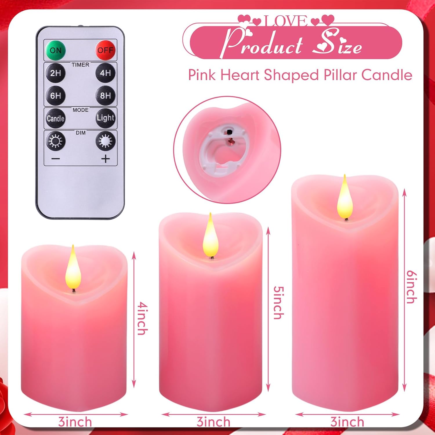 Retisee 3 Pcs Heart Pillar Candle - 4" 5" 6" LED Battery Operated Flameless Candle with Remote for Valentine Women Romantic Home Weeding Decoration Gift(Pink)