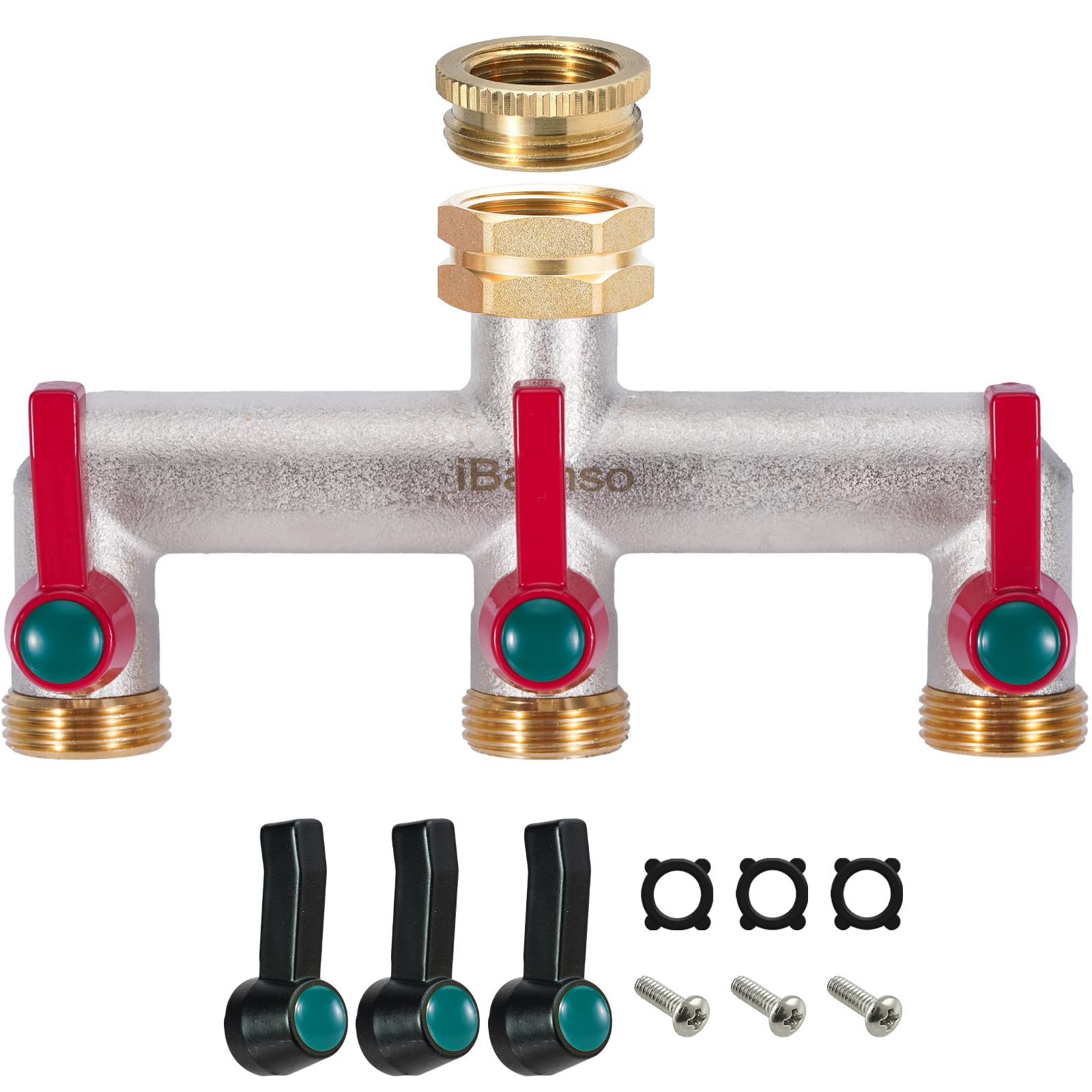 iBamso Brass Garden Hose Splitter, 3/4 Inch 3 Way Tap Diverter High Flow Outlet with Individual Valve and Extended Handle