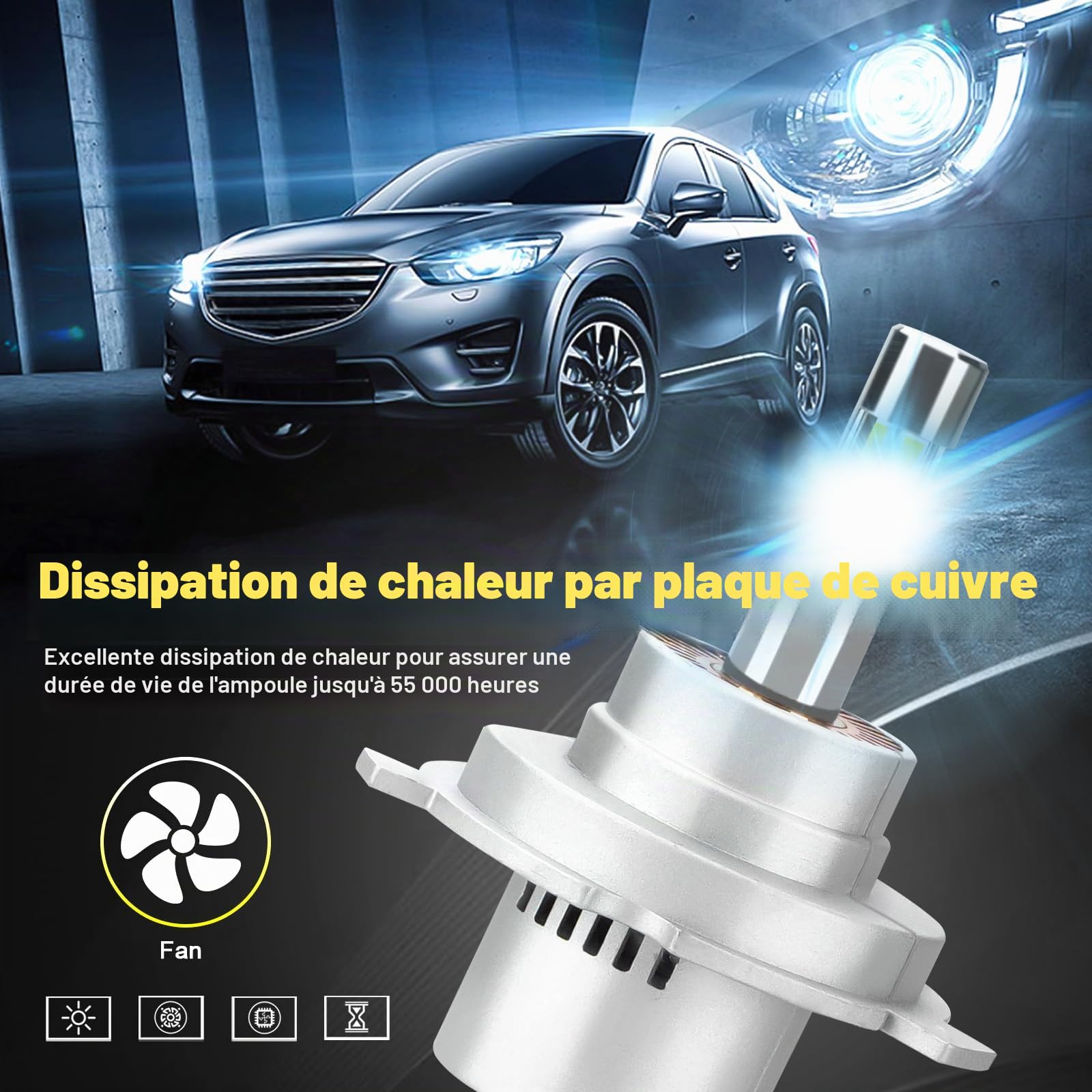 D-Lumina Ampoule LED H4 360° éclairage, 100W 16000 LM,Lampe pour led h4 Voiture 12V Blanc 6500K, kit de Phares 500% Super Lumineux de Remplacement pour Halogène