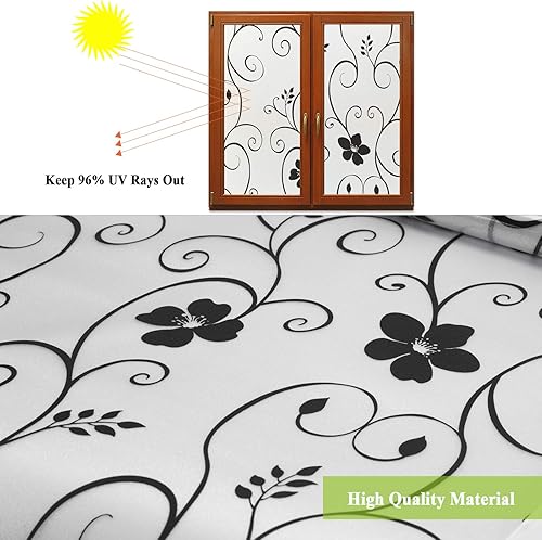 Miniatura 9 de Película decorativa para ventana, película de privacidad de flores negras, no adhesiva, control de calor, anti UV, para oficina y hogar, 35 x 78.7