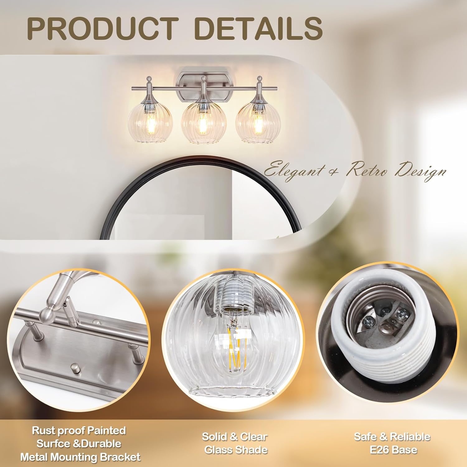 Bathroom Vanity Light Brushed Nickel Bathroom Light Fixtures with Clear Glass Shade Hardwired E26 Base(Max 60W) Chrome Modern 3-Light Vanity Lights