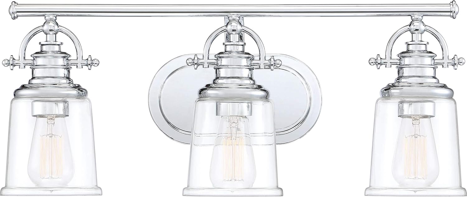Quoizel Grant Transitional Vanity Lights, 23 Inch 3-Light Polished Chrome Bath Lighting Fixtures Over Mirror, Opal Etched Glass, Classic Americana Wall Mount Light for Bathrooms, Kitchen or Hallway