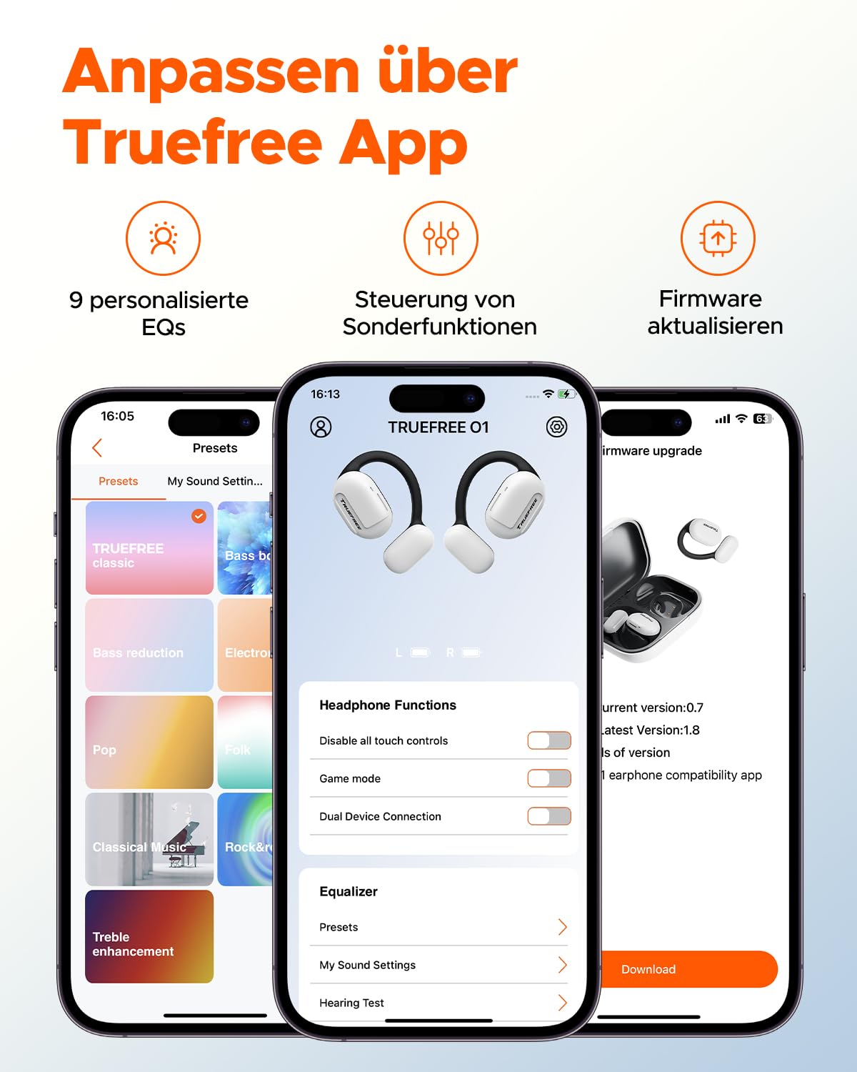 truefree O1 Open Ear Bluetooth 5.3 Kopfhörer, kabellose Ohrhörer mit dynamischen 16,2mm Audiotreibern, ENC, immersiver Stereoklang, 4 Mikrofone, 45 Stunden Spielzeit für Sport Workout Gaming (weiß)