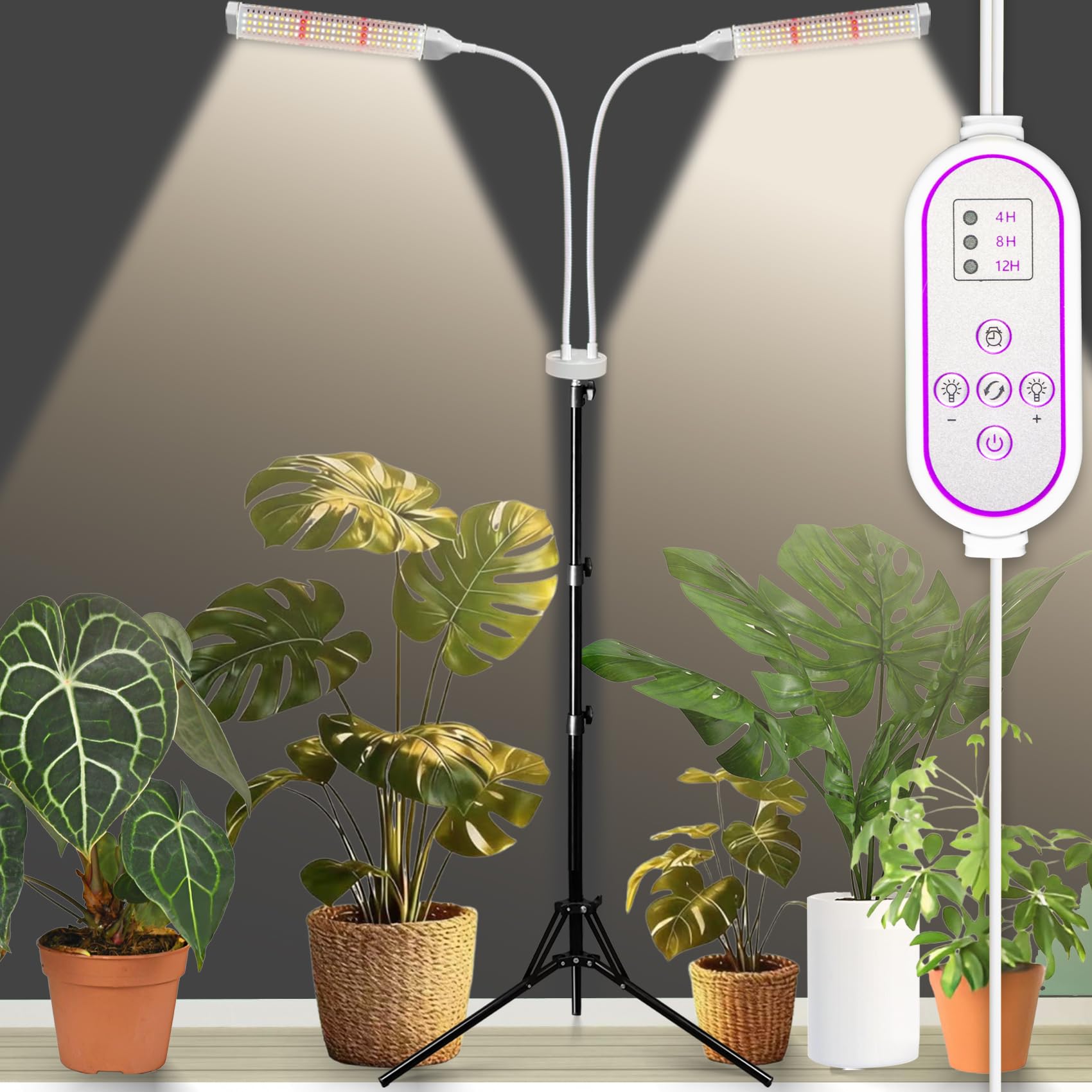 Secefeao Pflanzenlampen LED Vollspektrum, Pflanzenleuchte Pflanzenlicht mit Ständer Pflanzen LED Wachstumslampe für Pflanzen mit Zeitschaltuhr 3 Farbmodi 10 Lichtstärken (Stand-2)