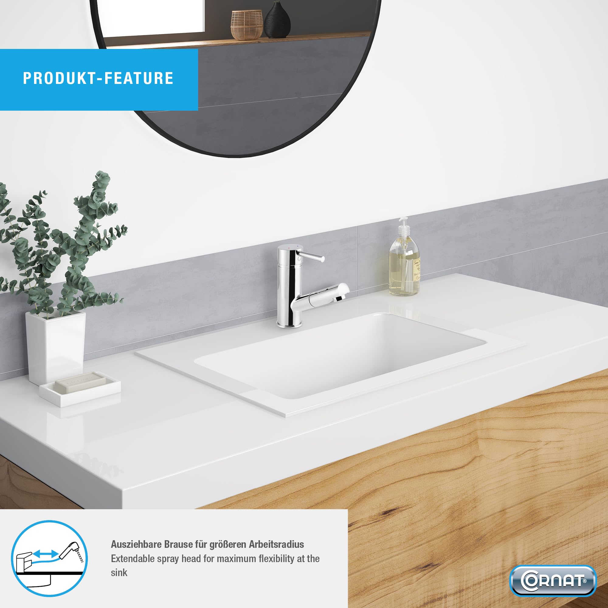 Cornat FUE15 - Rubinetto monocomando per lavabo "Fuerte" – corpo in ottone cromato – doccetta estraibile – con tubo di scarico/rubinetto ad alta pressione/rubinetto per bagno/lavandino / FUE15