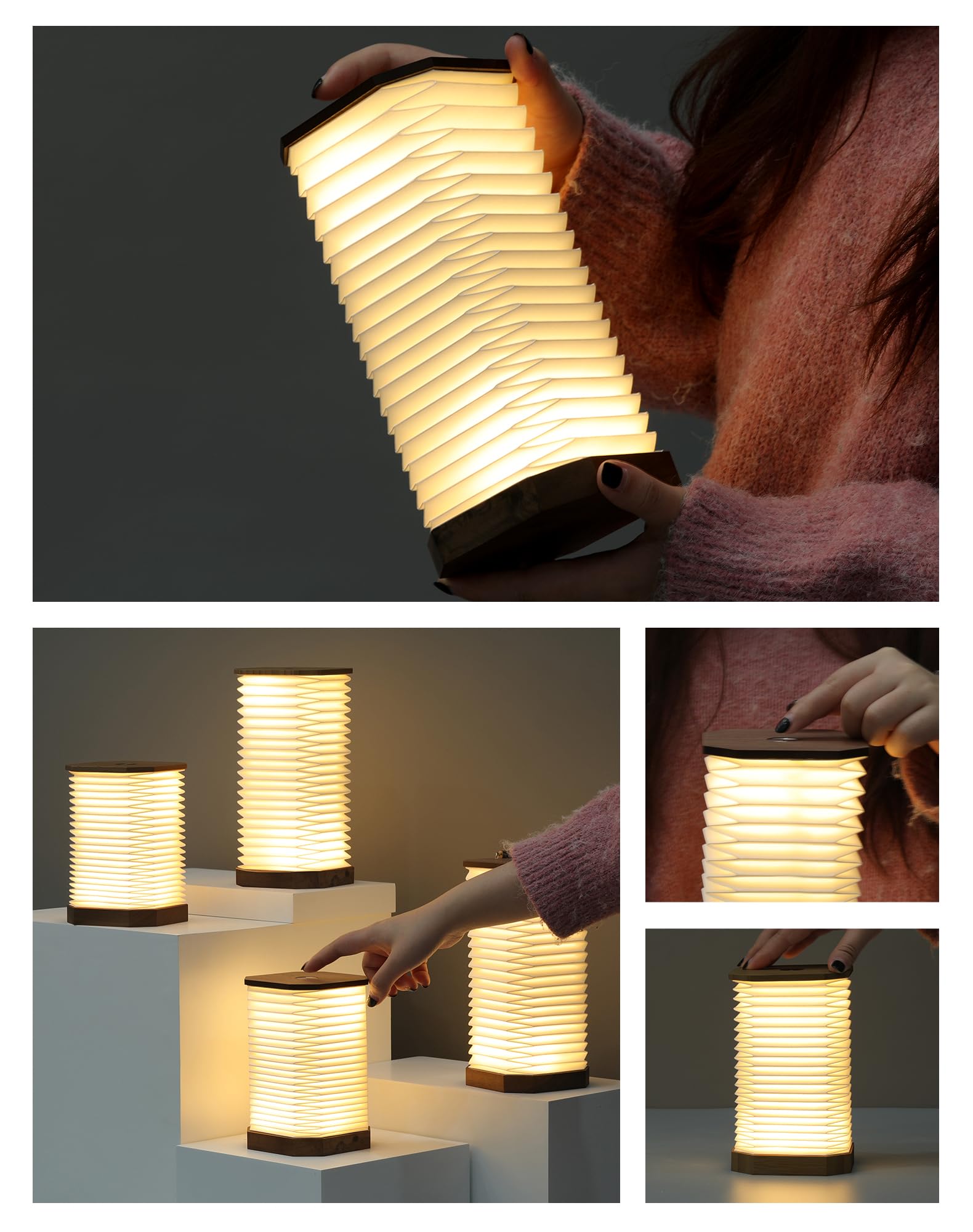 Pionowa lampa akordionowa, przenośna lampa stołowa, kreatywny lampion papierowy LED z USB do dekoracji domu (orzech włoski)