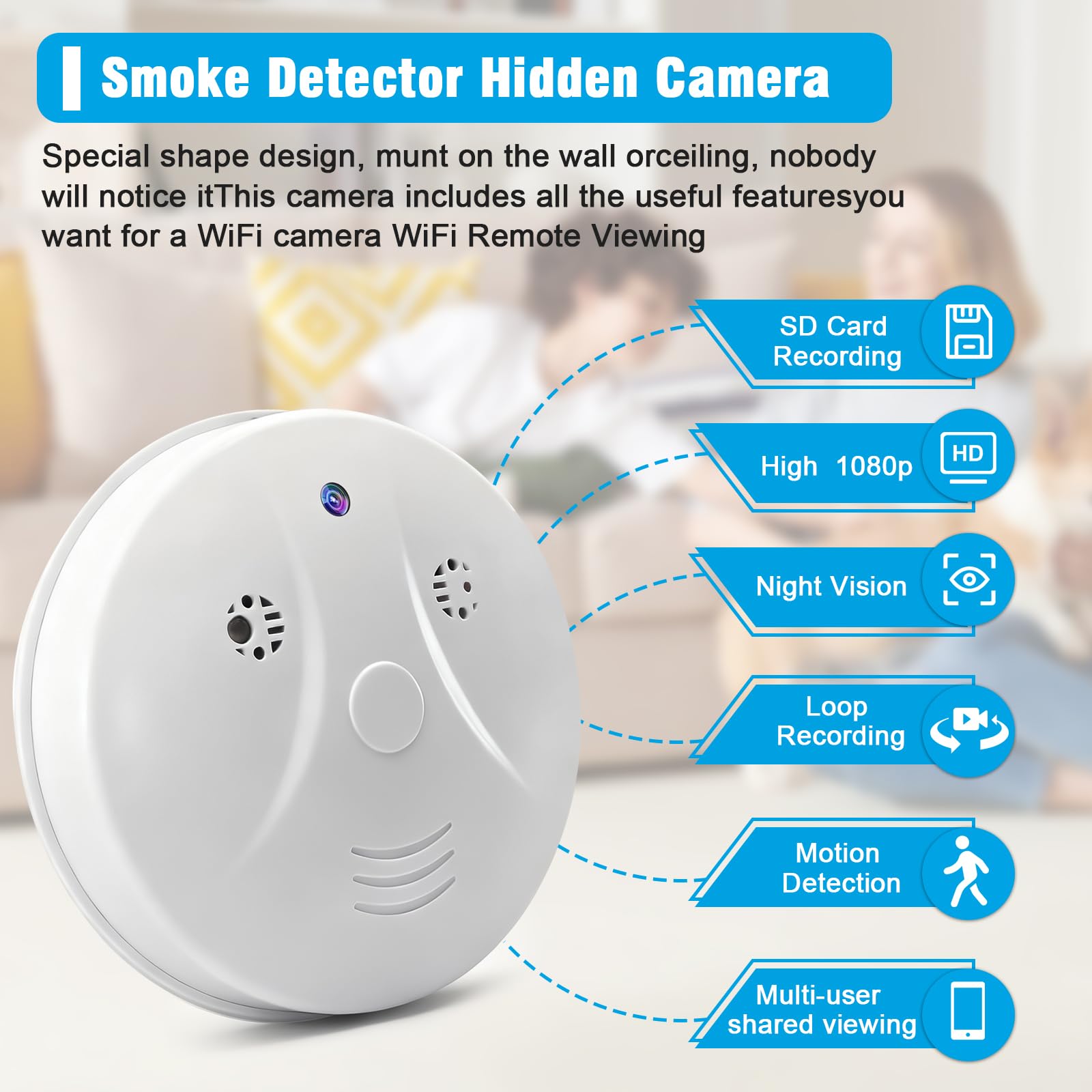 Caméra Cachée WiFi, 2,4/5G Mini Camera Espion sans Fil HD Détecteur de Fumée, HD 1080P Micro Camera Espion avec Vision Nocturne/Détection de Mouvement - 2