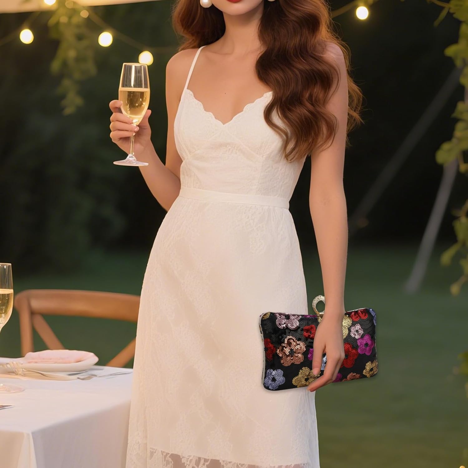 Women's Floral Evening Clutch Bag - Colorful Flower Handbag with Metal Rhinestones