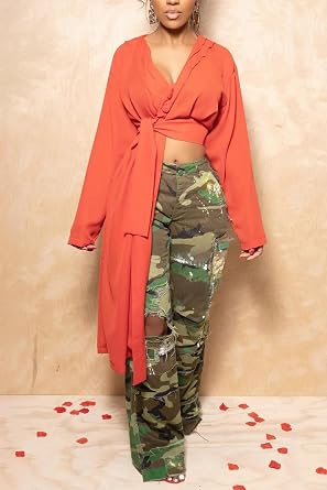 Ptorlio Camo Cargo Pants for Women Ripped Wide Leg Baggy High Waisted Camouflage Y2k Streetwear Jeans Trousers