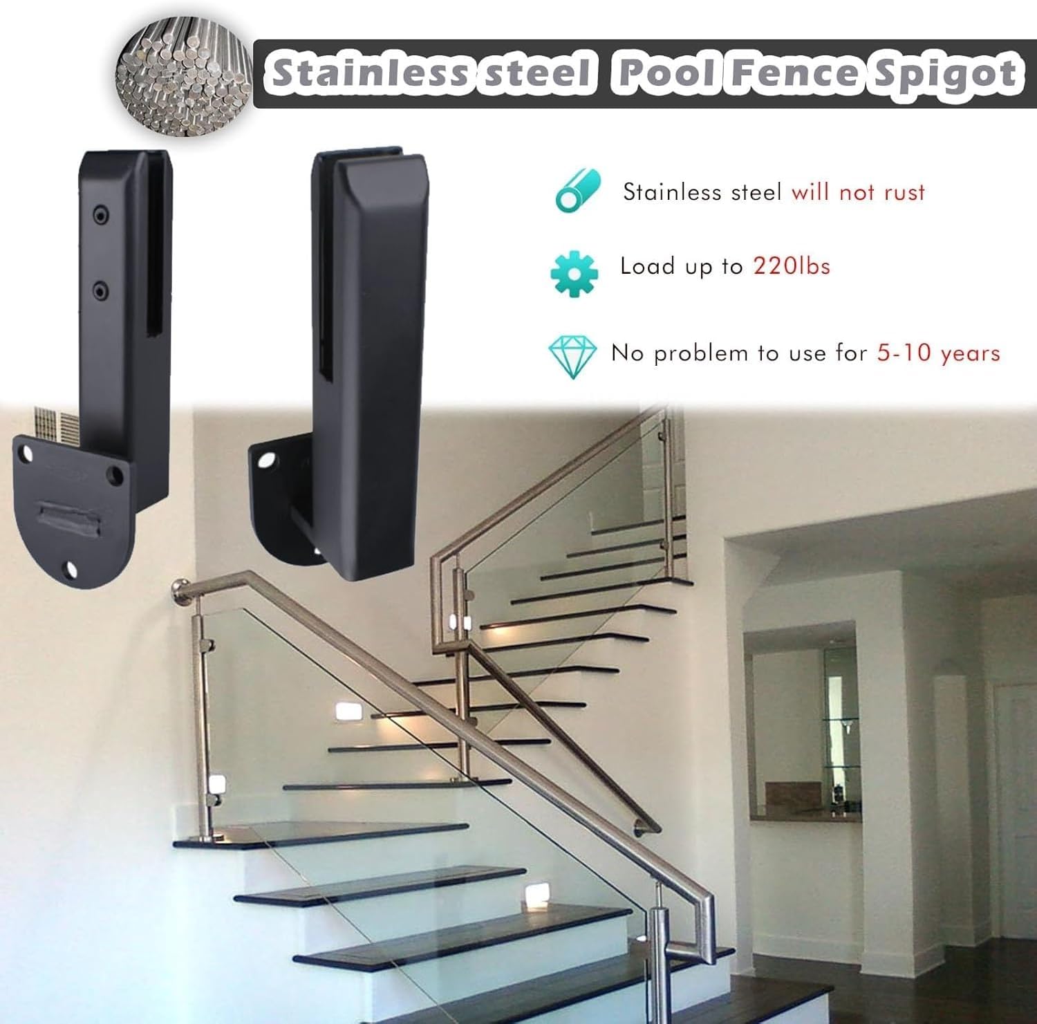 8 Piece Stainless Steel Glass Clamps for Balustrade Staircase Handrail Home Garden Fence Shower Clamps Pool Clips Holder Bracket, Deck Handrail,Black,Side Mounted