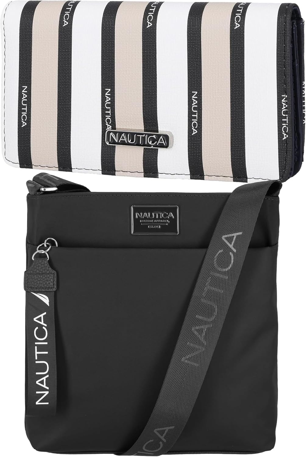Nautica Diver Crossbody Tote in Black Enamel and Seaside Slim Wallet in Multi Stripe