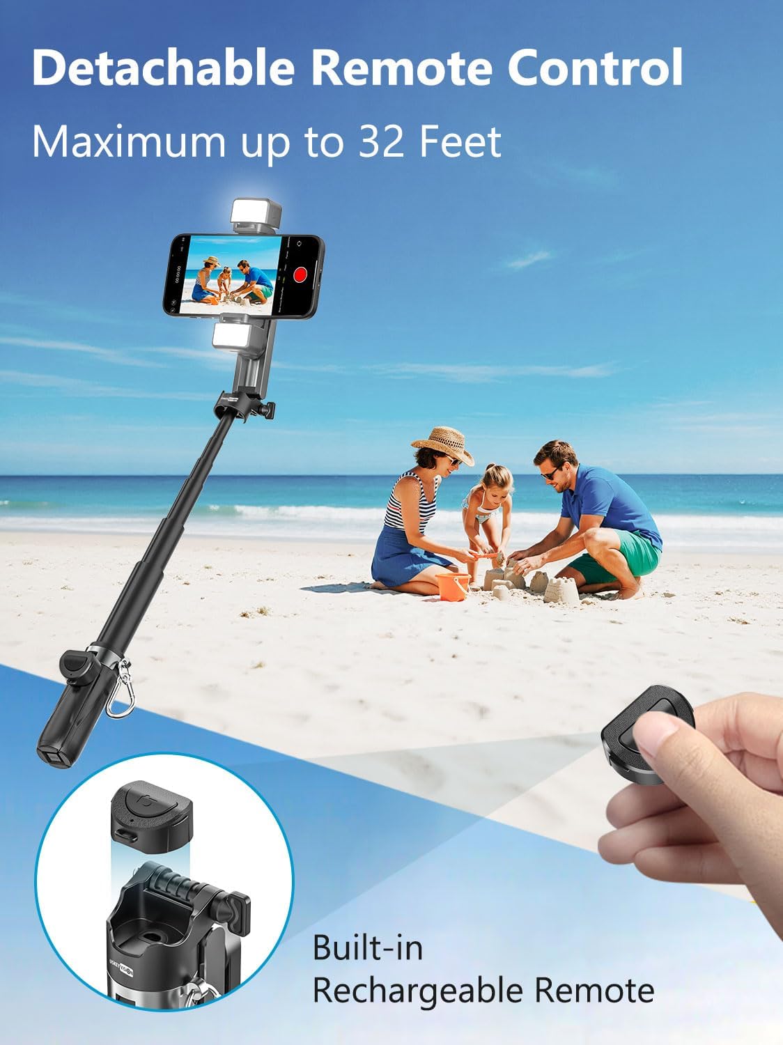 USKEYVISION Magnetic Pocket Selfie Stick for iPhone with Light for MagSafe 4 in 1 Portable Pocket Phone Tripod for iPhone & Android W/Rechargeable Remote, Removable Phone Clip, Video Recording(MPT-02)