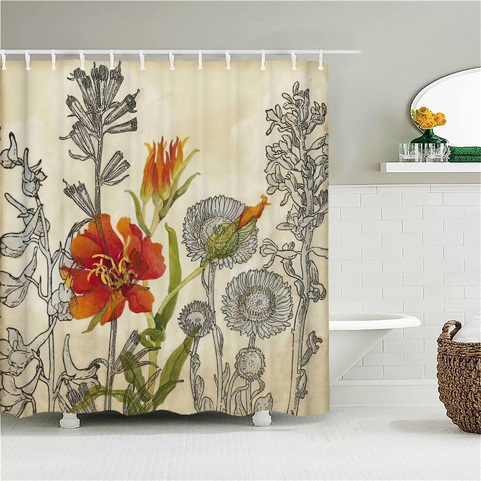 Cortina de Ducha Antimoho Cortinas de Ducha Antibacterianas, Impermeables, Opacas Cártamo, Cortinas Baño Originales 90x180cm con 12 Anillos de Cortina de Ducha