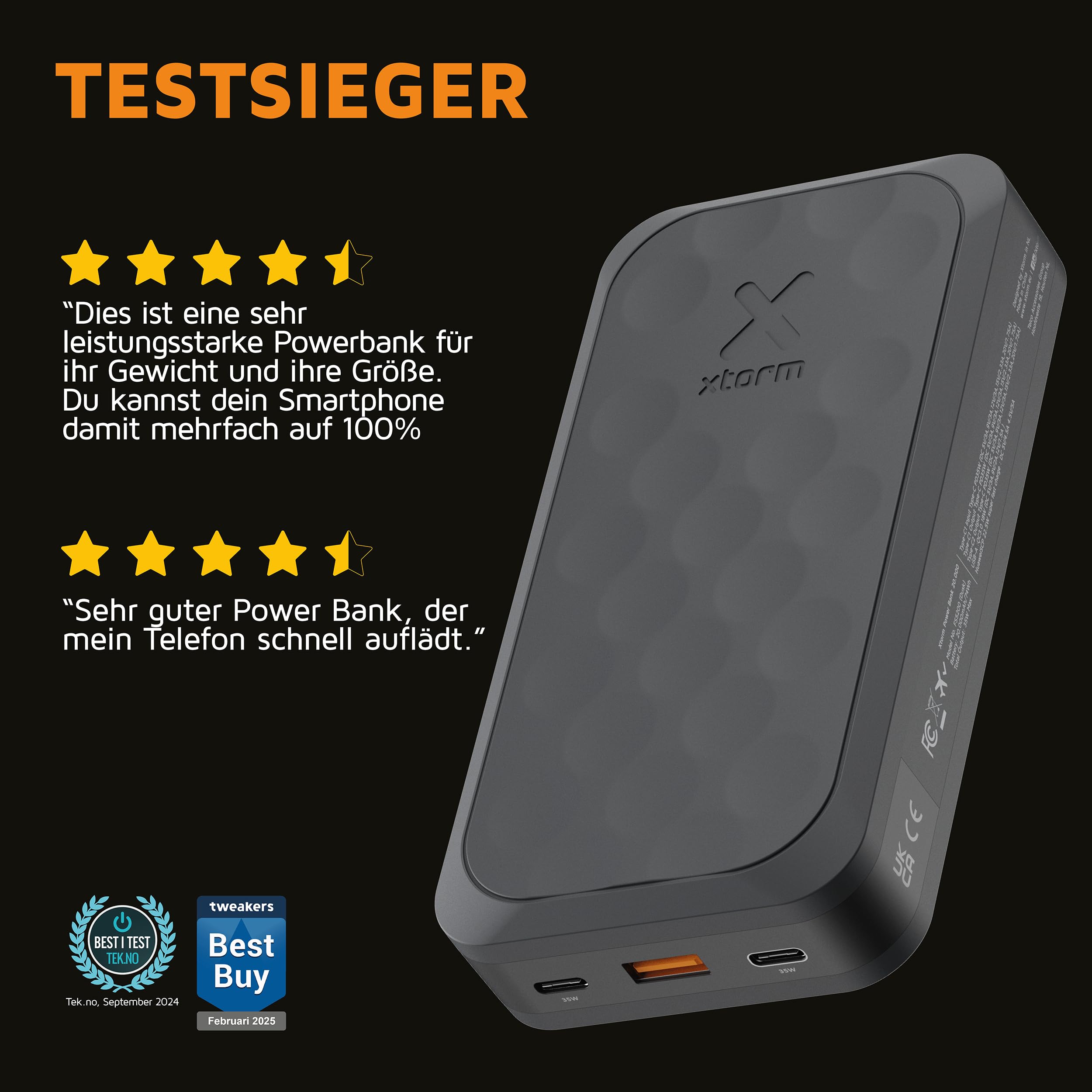 Xtorm 67W Fuel Serie 5 Powerbank 45.000mAh, LED-Anzeige, 2 x USB-C / 1 x USB-A, 100% GRS Material, Sicherheitsfunktionen, Geeignet für Samsung und iPhone, Schwarz