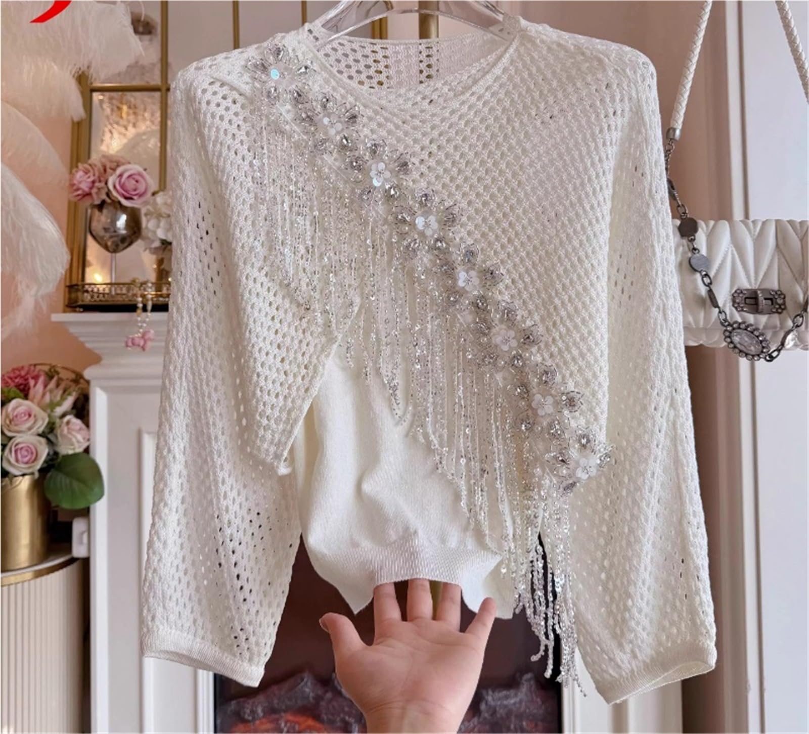 Jersey Suelto de Primavera for Mujer, Camisas Tejidas con borlas Diamantes, Conjuntos Camisola, Tops Color sólido cómodos for