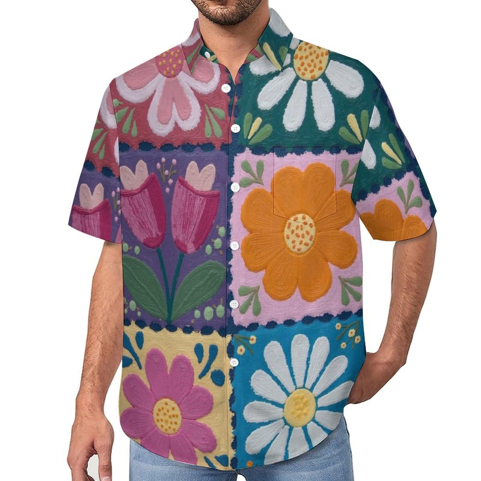 Camicia Casual da Uomo, Margherite Tulipani Stampa Maglietta Estiva a Maniche Corte Stile Patchwork Dipinto A Mano Casual Button Down Hawaiani Camicie Risvolto Spiaggia Top