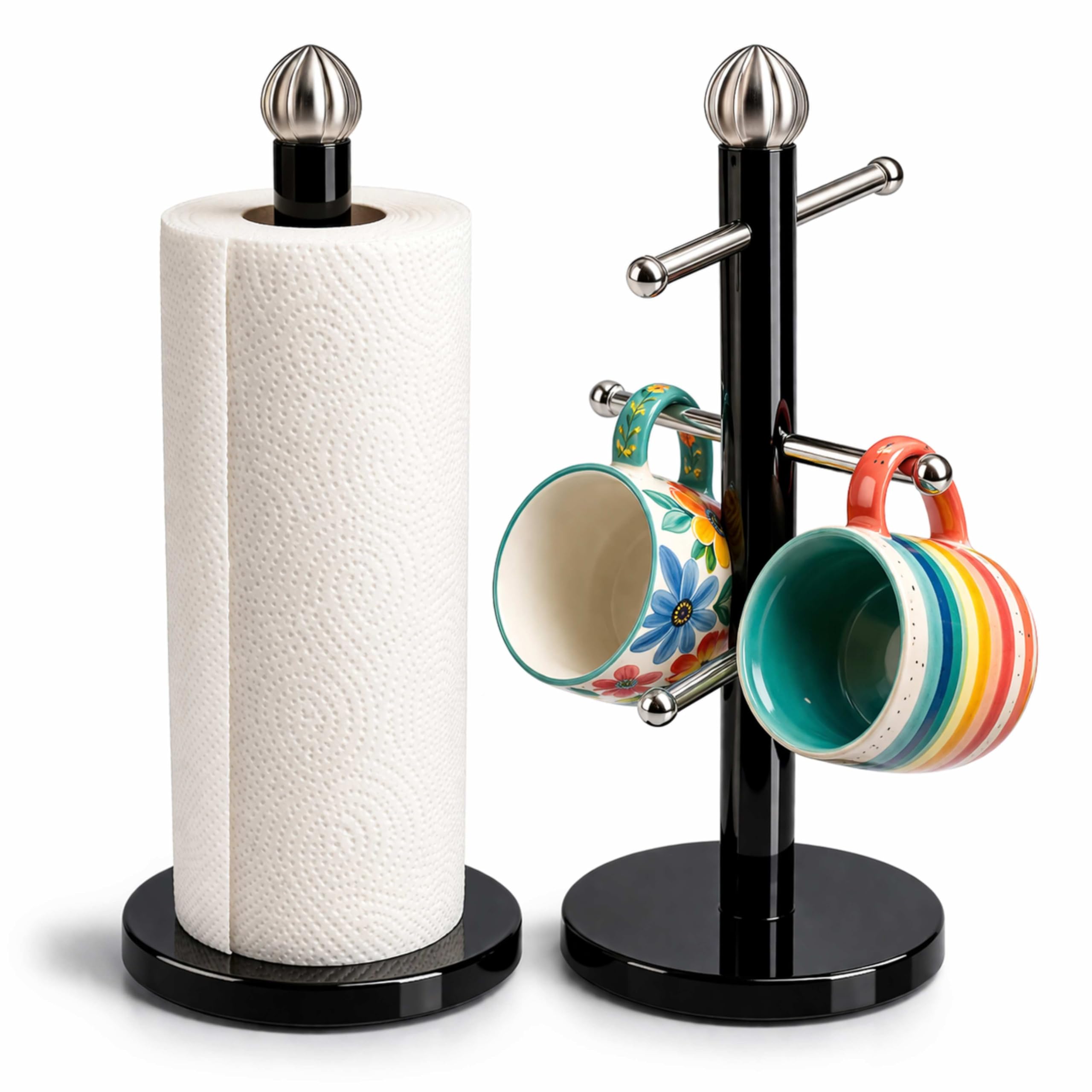 ALAYSTAR Mug Tree & Kitchen Roll Holder Set – Stainless Steel Cup Stand with 6 Hooks, Heavy Duty Paper Towel Holder with Stable Weighted Base, Black Countertop Organiser for Kitchen & Coffee Station