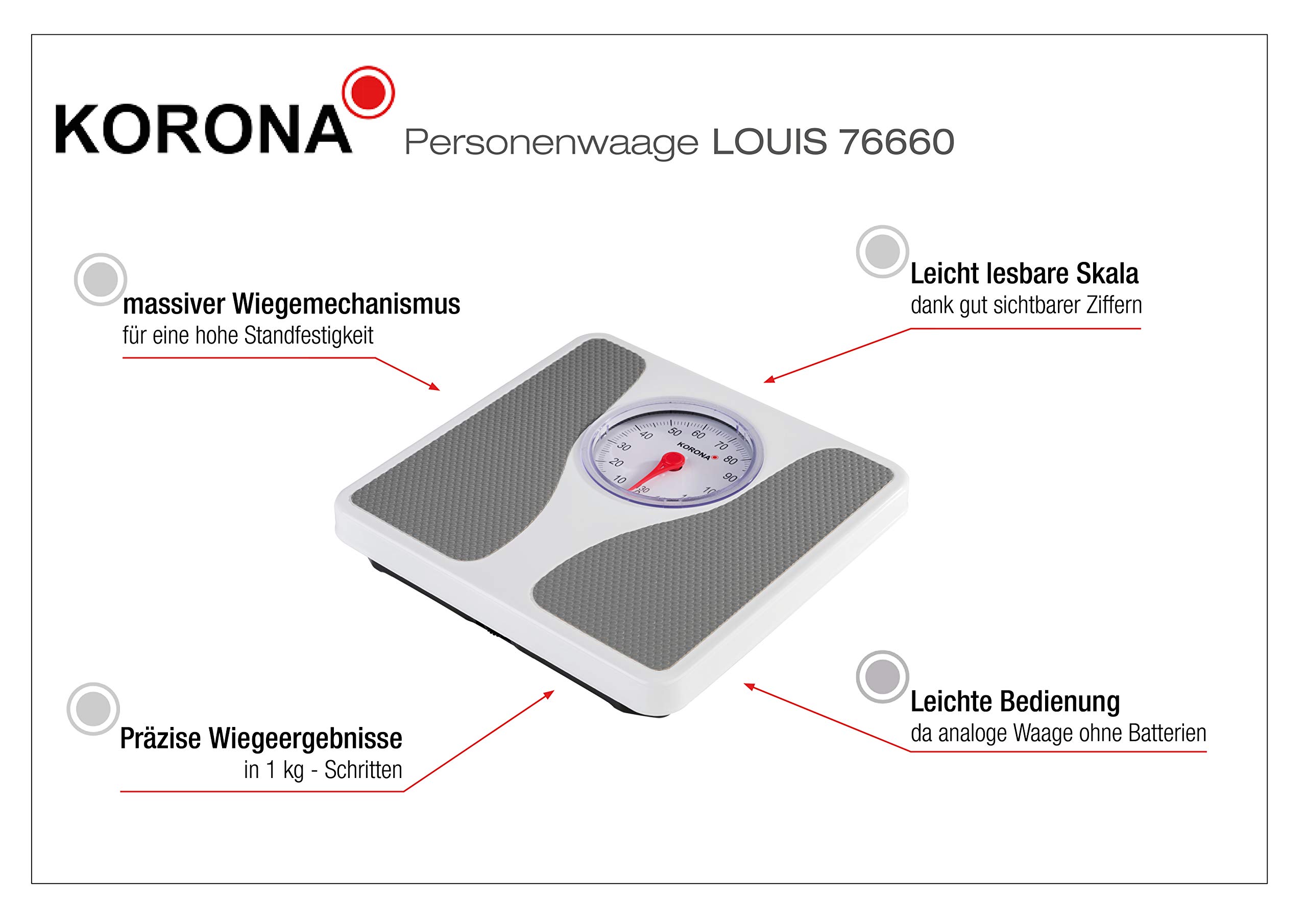 Korona 76660 Mechanische Personenwaage Louis in Weiß - Präzise Körperwaage für Personen bis zu 130 kg - Analoge Waage