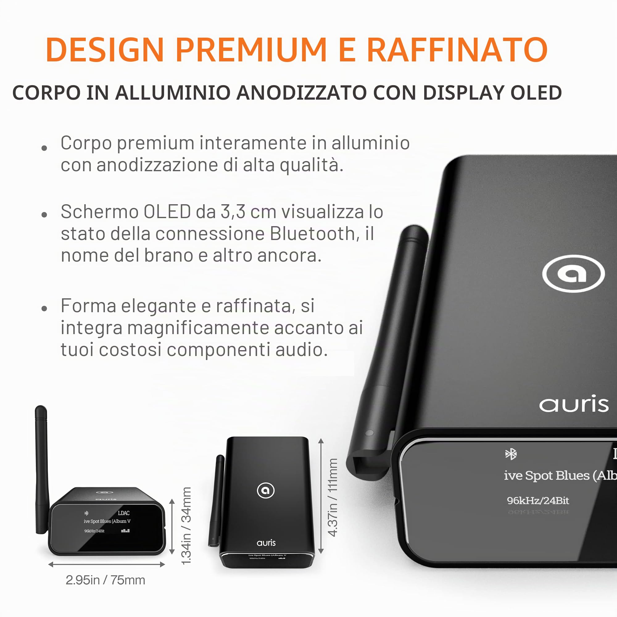 Auris Blume Pro - Ricevitore musicale Hi-Fi Bluetooth 5.0, adattatore Bluetooth con DAC, LDAC, AptX HD, display OLED, uscita AUX coassiale ottica per home stereo, ricevitore AV o amplificatore