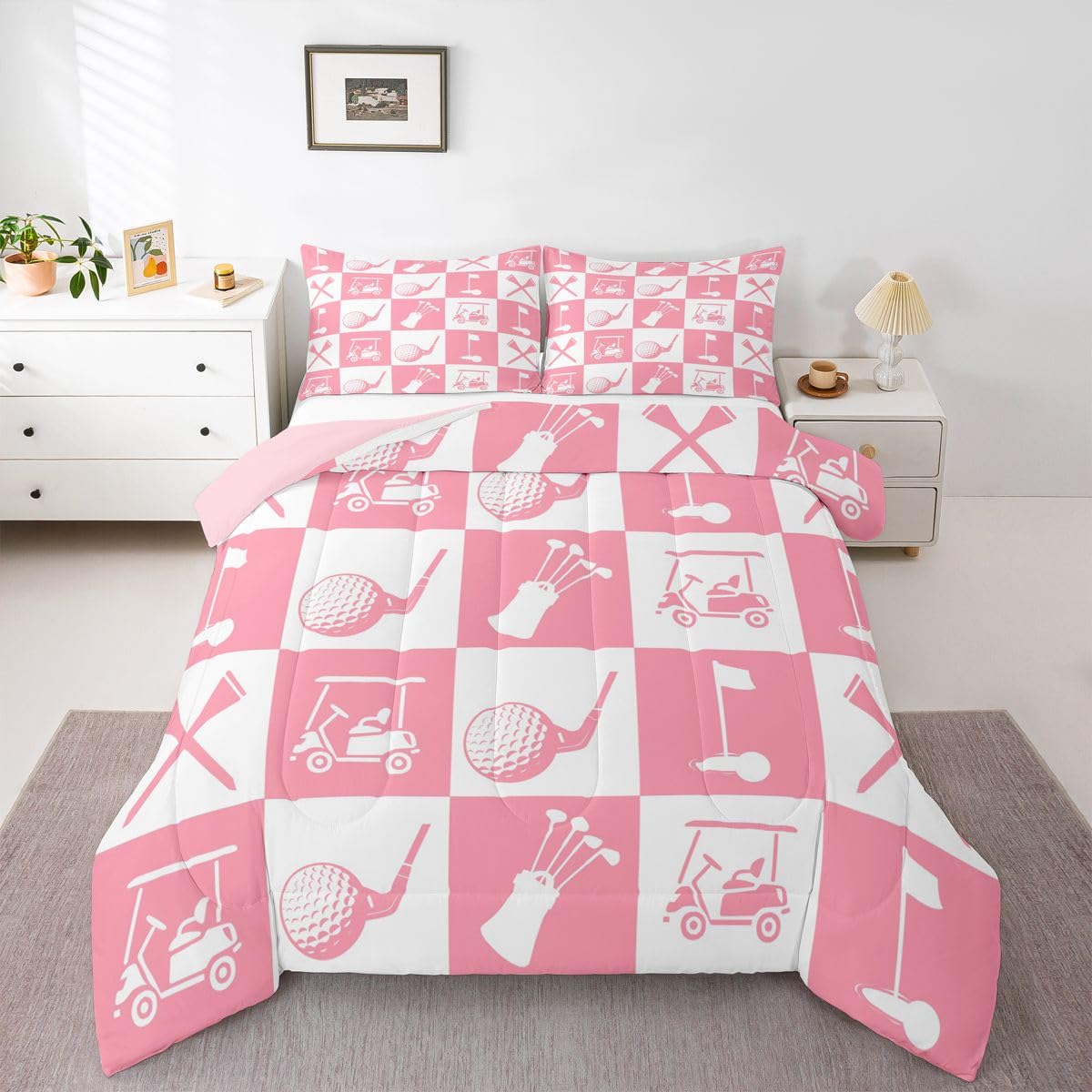 Feelyou Golf Comforter Set Full Size Pink White Plaid Buffalo Check Geometric Bedding Set for Kids Boys Girls Sports Theme Duvet Quilt Bedroom Decor Microfiber 3 Pcs with 2 Pillow Cases