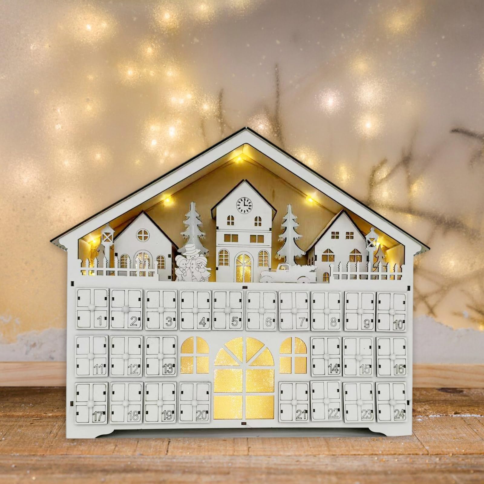 Holz LED beleuchteter Adventskalender, Weihnachts-Adventskalender, mit LED-Lichtern und 24 Schubladen, Holzdeko