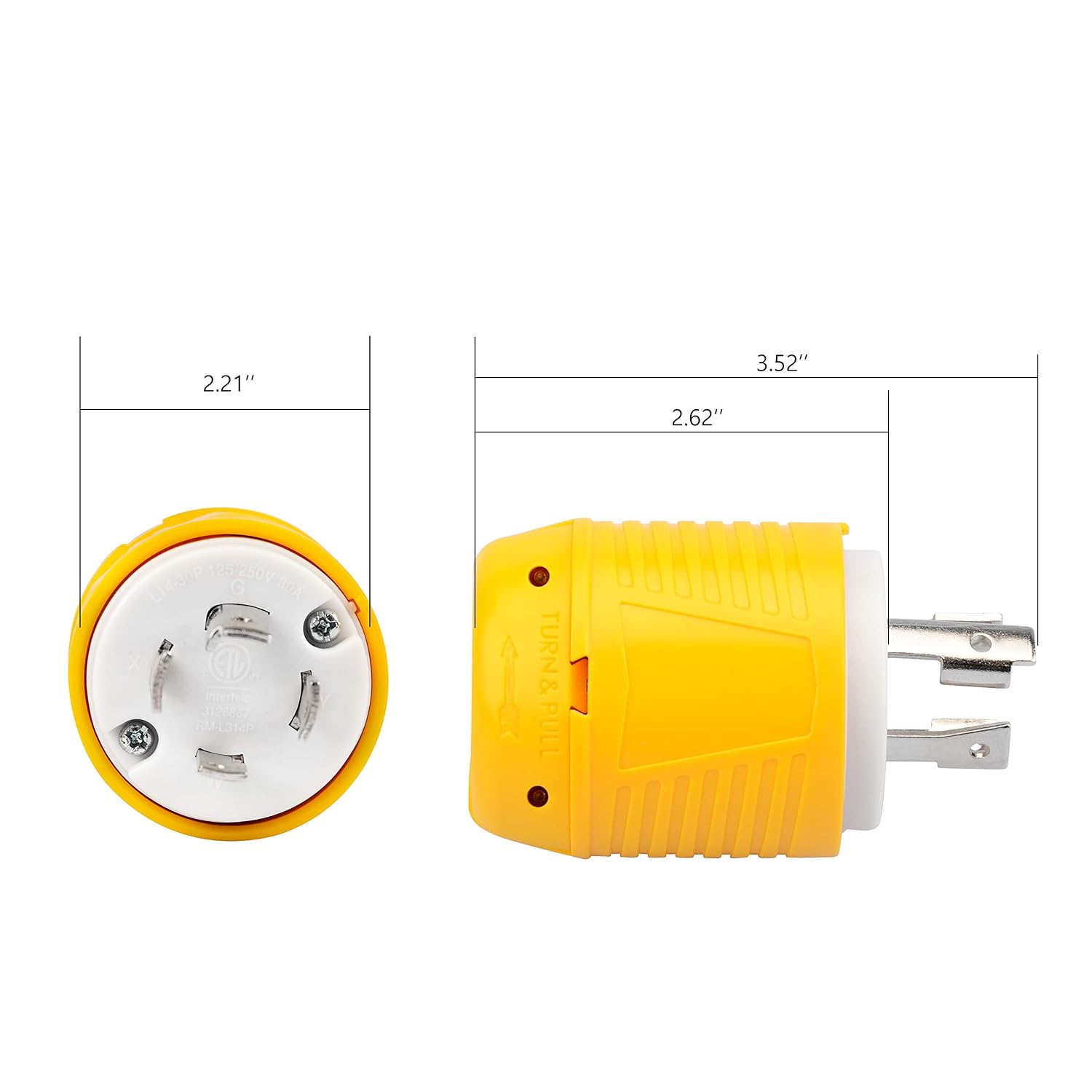 RVGUARD NEMA L14-30P Generator Plug Connector, 30 Amp AC 125V/250V,3 Pole-4 Wire,Twist Locking,Yellow White,Copper Pins,7500 Watt ETL