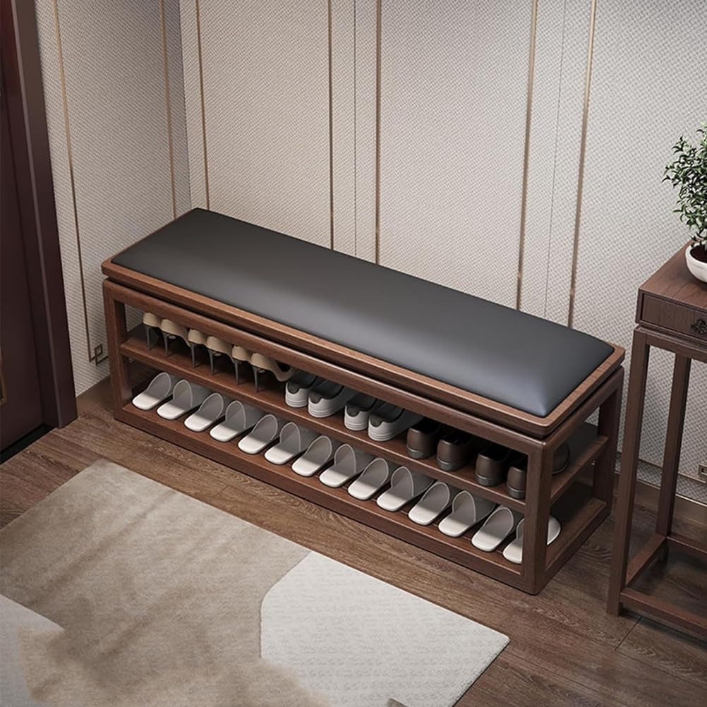 LWJSOCP Solid Wood Shoe Bench 2-Tier Shoe Storage Rack with Leather Seat Stylish nizer for Entryway Hallway Bedroom Balcony 120cm Shoe Stool
