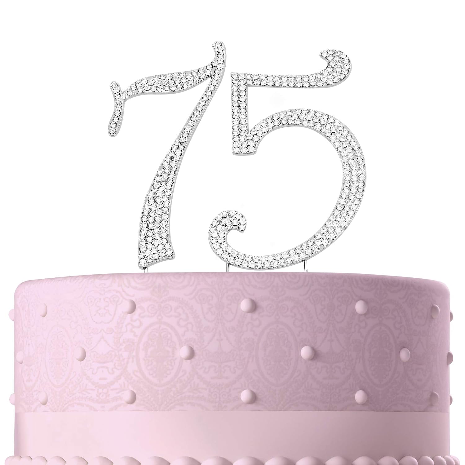 75, 75th Happy Birthday Cake Topper, Anniversary, Crystal Rhinestones on Silver Metal, Party Decorations, Favors, Vow Renewal