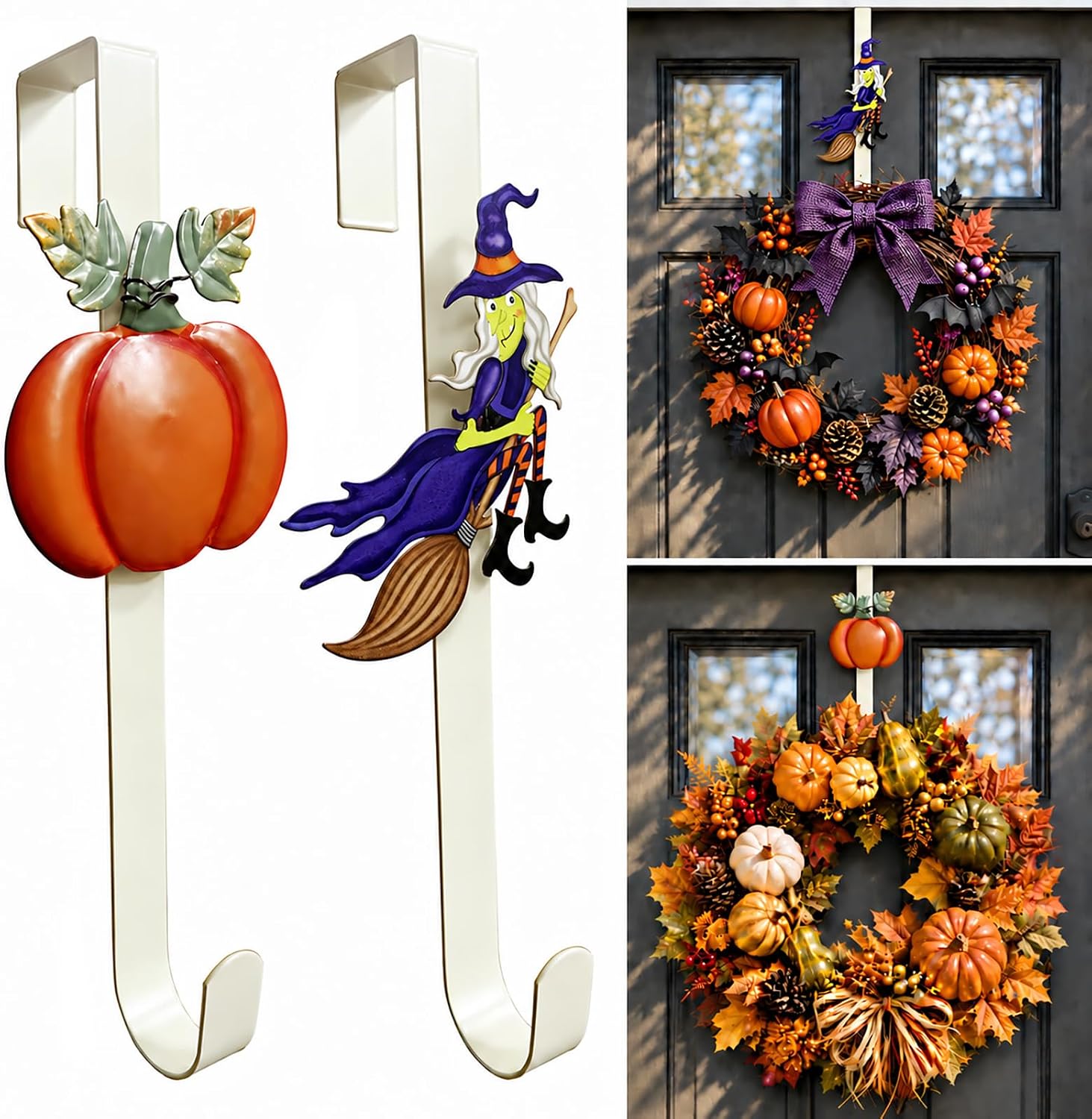 2-Pack Metal Halloween Wreath Hanger, Pumpkin and Witch, Cream