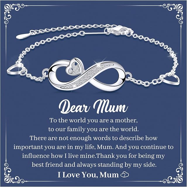 CheersLife Infinity Heart Bracelet for Mum from Daughter Son,Mum Bracelet,Mum 925 Sterling Silver Adjustable Anniversary Jewelry Christmas Mother's Day Birthday Gifts for Mum Mother Women Bracelet