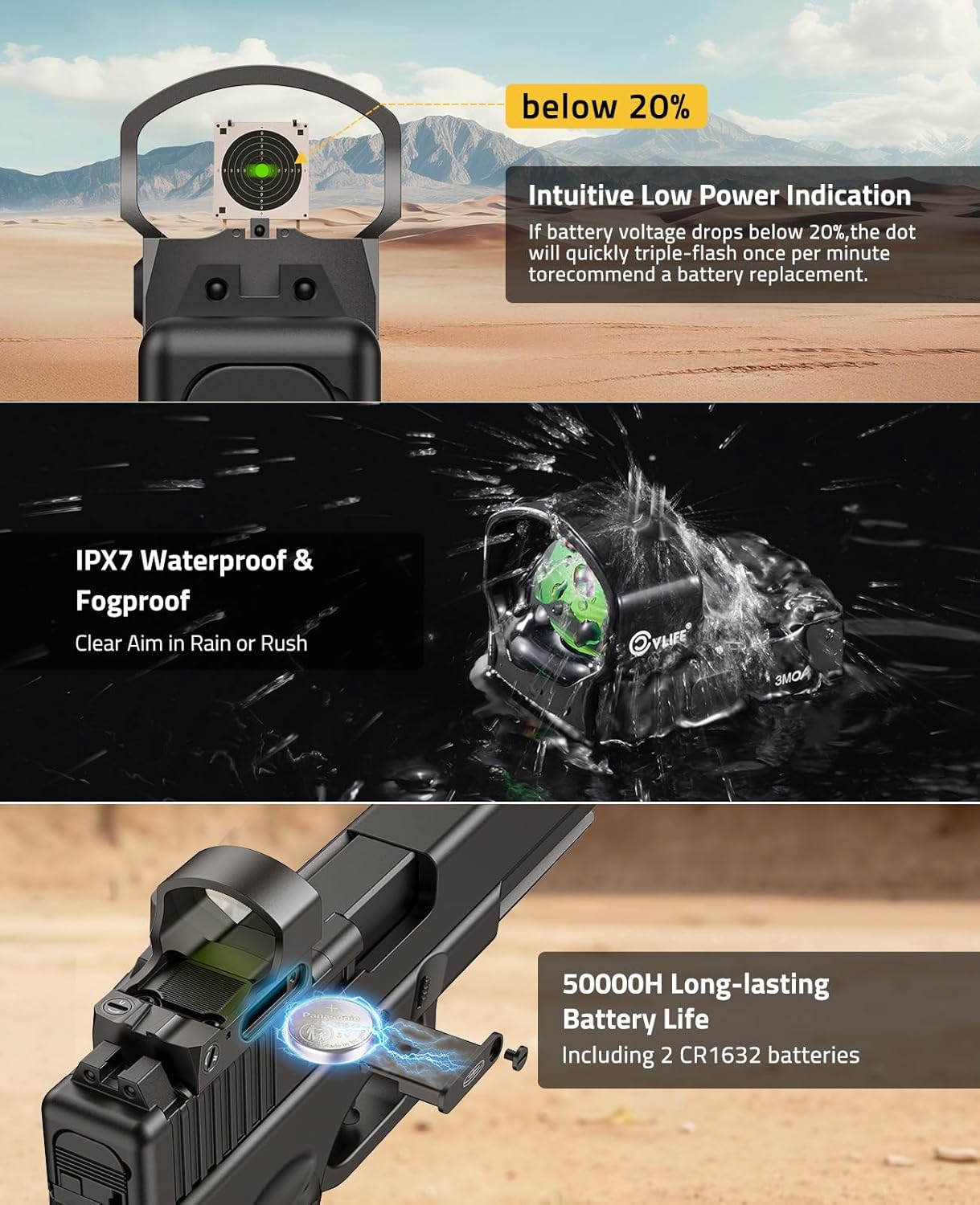 CVLIFE BearMight Auto-Brightness Red/Green Dot Sight for RMS RMSc, 3 MOA Dot Motion Awake Reflex Sight Optic Scope for Compact Pistol, 5000G Shockproof & Waterproof, Adapter for MOS/RMR/Picatinny