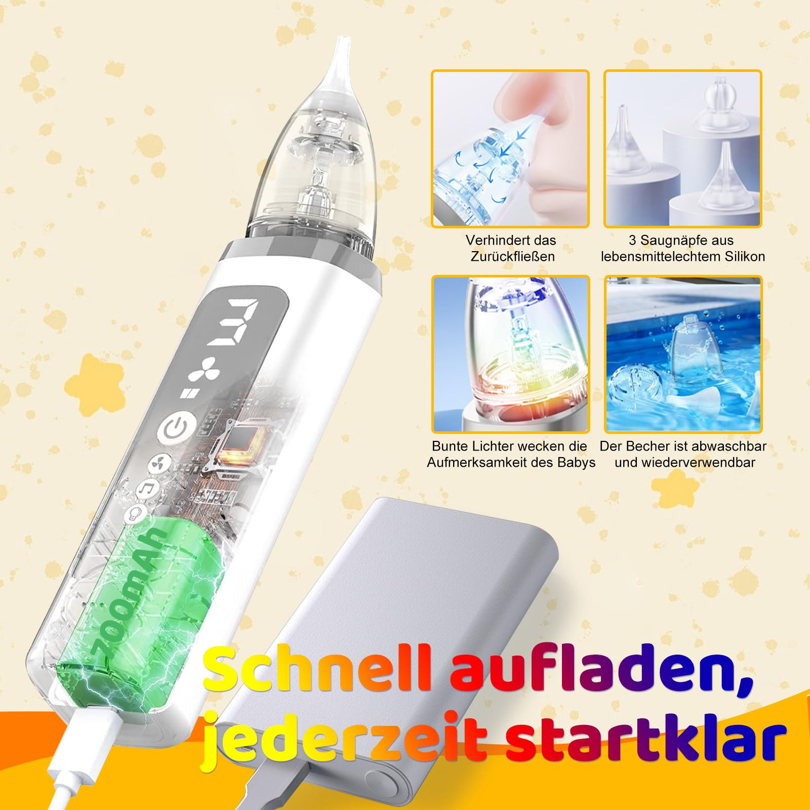 Nasensauger Baby, Baby Nasensauger Elektrisch, Lindert Sanft Die Verstopfte Nase Ihres Babys, Verfügt Über Eine Musikfunktion und 3 Saugstufen, Geeignet für Kinder Im Alter von 0 bis 12 Jahren