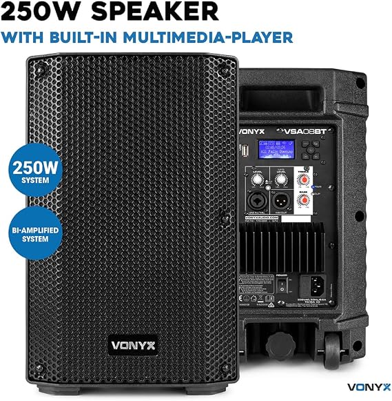 VONYX VSA08BT Active PA System for Singers - 500W Vocalist Sound System for Singing, Dual 8 Speakers, 6-Channel Mixer, Bluetooth, DSP Effects, USB Interface, Stands & Cables