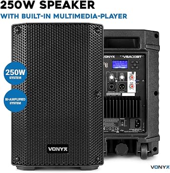 VONYX VSA08BT Active PA System for Singers - 500W Vocalist Sound System for Singing, Dual 8 Speakers, 6-Channel Mixer, Bluetooth, DSP Effects, USB Interface, Stands & Cables